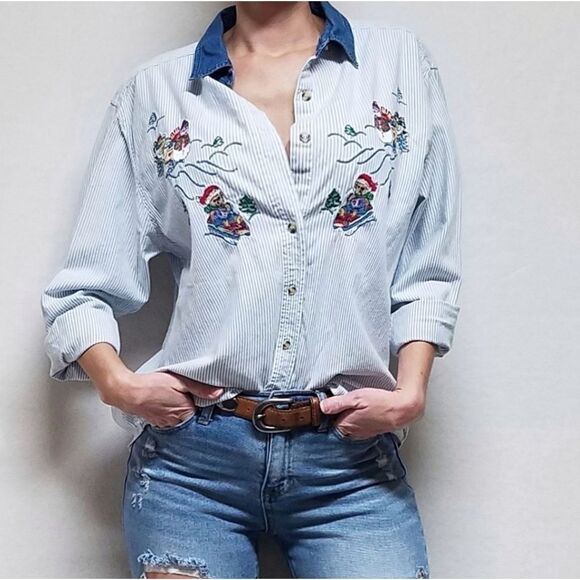 VINTAGE 1980s Cabin Creek Christmas Striped Sledding Snowman Teddy Bear Blouse - Picture 3 of 5